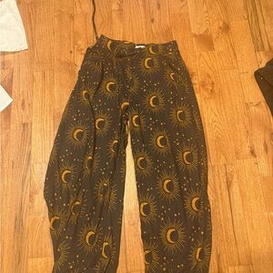 EARTHBOUND Brown Wide Leg Pants with Gold Sun Pattern